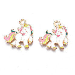 Pink Alloy Enamel Pendants, Cadmium Free & Lead Free, Unicorn, Light Gold, Pink, 19x18x1.5mm, Hole: 1.8mm