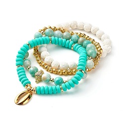 Амазонит Набор браслетов с подвеской из кубического циркония в форме ракушки для девочек-подростков, браслеты из натуральной лавы, полимерной глины и натурального амазонита, золотые, внутренний диаметр: 2-5/8~3-1/8 дюйм (6.6~7.8 см), 4 шт / комплект