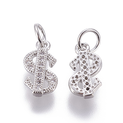 Платина Латунные микро проложить кубического циркония прелести, знак доллара, прозрачные, платина, 11.5x6.5x2 мм, отверстие : 3 мм