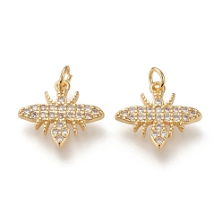 Golden Brass Micro Pave Cubic Zirconia Pendants, with Jump Rings, Long-lasting Plated, Bees, Clear, Golden, 16x17x2mm, Jump Rings: 5x1mm, Inner Diameter: 3mm