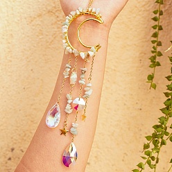 Амазонит Натуральный амазонитовый чип висит подвеска в виде ловца солнца украшение, хрустальные стеклянные призматические подвески в форме капли и восьмиугольное звено, с латунной фурнитурой , луна, 260~270 мм