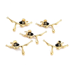 Real 18K Gold Plated Brass Enamel Links Connectors, Long-Lasting Plated, Branch with Bees, Black, Real 18K Gold Plated, 19x35x8mm, Hole: 0.9mm