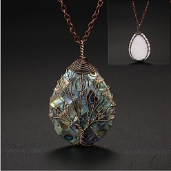 Красная Медь Ожерелья с подвеской в виде слезы из натуральной ракушки пауа, медной проволоки, дерева жизни, ожерелья из сплава для женщин, Красная медь, 17.72 дюйм (45 см)