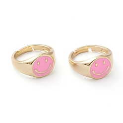 Pink Adjustable Brass Enamel Finger Rings, Long-Lasting Plated, Smiling Face, Real 18K Gold Plated, Pink, US Size 7 1/4(17.5mm)