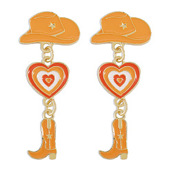 Orange Enamel Heart Cowboy Hat Boot Dangle Stud Earrings, Alloy Jewelry for Women, Orange, 57x24mm