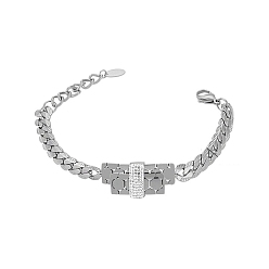 Stainless Steel Color Cubic Zirconia Rectangle Link Bracelet with 304 Stainless Steel Chains, Stainless Steel Color, 7-1/8 inch(18cm)