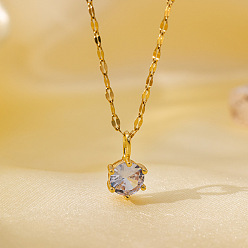 Плоский Круглый Ожерелья с подвеской из латуни и прозрачного циркония для женщин, золотые, плоско-круглые, 15.75 дюйм (40 см), Кулон : 16x9 мм