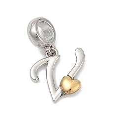 Letter V Латунные европейские подвески с подвесками, подвески в форме сердца с большими отверстиями, платиной и золотом, Буква V, 25.5~30.5 мм, отверстие : 6 мм