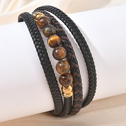 Black Braided Microfiber Leather Cord & Natural Tiger Eye Multi-strand Bracelets, 304 Stainless Steel Bracelets for Women Men for Men, with Magnetic Clasps, Black, 8.58 inch(21.8cm)