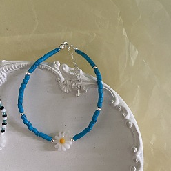 Deep Sky Blue Natural Shell Daisy Flower Boho Vintage Synthetic Turquoise Beaded Friendship Bracelets for Women and Girls, Stainless Steel Color, Deep Sky Blue, 10.24 inch(26cm)