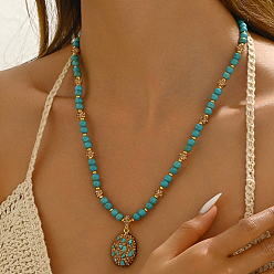 Темно-Голубой Винтажные ожерелья в этническом стиле из натуральной бирюзы с овальными бусинами для вечеринки для женщин, глубокое синее небо, 20.87 дюйм (53 см)