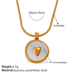 Белый 304 Подвеска-колье в форме сердца из нержавеющей стали с натуральным белым ракушечным узором, плоская круглая, для женщин, реальный 18 k позолоченный, белые, 15.75 дюйм (40 см), Кулон : длиной 15.7 мм 