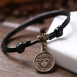 Рак Сплав плоский круглый с подвесками в виде созвездий двухслойный черный шнурок из искусственной кожи регулируемые браслеты на щиколотку, античная бронза, рак, внутренний диаметр: 2-3/4~4-3/4 дюйм (70~120 мм)