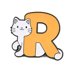 Letter R Эмалевые булавки, булавки для лацканов из сплава для одежды рюкзака, форма кошки с буквой, чёрные, Буква R, 26.5x31 мм