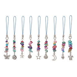 Antique Silver & Platinum 7 Chakra Synthetic Turquoise Beads Mobile Phone Strap, Alloy Pendant Mobile Accessories Decoration, Mixed Shapes, Antique Silver & Platinum, 98~104mm, 9pcs/set