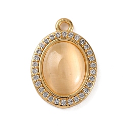 Персиковый Слойка Латунные микропаве прозрачные подвески с фианитом, без кадмия, без никеля и без свинца, с кошачий глаз, реальный 18 k позолоченный, овальные, розовые, 18.5x13x4 мм, отверстие : 1.6 мм