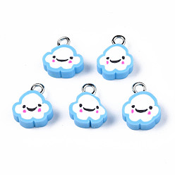 Light Sky Blue Handmade Polymer Clay Charms, with Platinum Plated Iron Loop, Cloud with Smile, Light Sky Blue, 11~14x9~11.5x4mm, Hole: 1.8mm