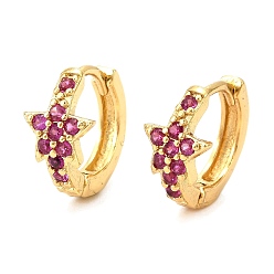 Средний Фиолетово-красный Латунные микро проложить серьги обруча кубического циркония, реальный 18 k позолоченный, звезда, средне фиолетовый красный, 14x15x8 мм, штифты : 1 мм
