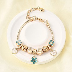 Золотой Сплав эмаль европейские бусины браслеты с подвесками, браслеты из змеиной цепи для женщин, цветок, сердце и клевер, без свинца и без кадмия, золотые, 7-3/8 дюйм (18.7 см)