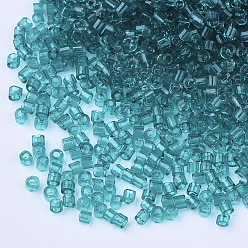 Dark Cyan Glass Cylinder Beads, Seed Beads, Transparent Colours, Round Hole, Dark Cyan, 1.5~2x1~2mm, Hole: 0.8mm, about 8000pcs/bag, about 85~95g/bag