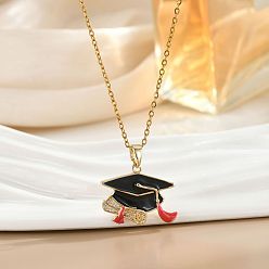 Золотой Школьная латунная подвеска в виде выпускной шапки с микропаве из прозрачного кубического циркония и эмалью черного цвета, золотые, 17.72 дюйм (45 см), удлинитель 50мм, Кулон : 20 мм