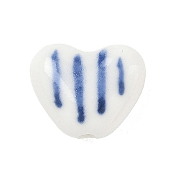 Blue Handmade Porcelain Beads, Heart with Stripe Pattern, Hand Painted, Blue, 11.5x14x6.5mm, Hole: 2mm