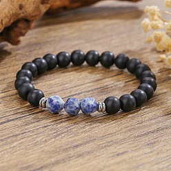 (306FM) Жонкиль матовый с лаймовой подкладкой Богемные браслеты из натурального черного оникса и яшмы с голубыми пятнами, выполненные из эластичного материала., 2.17 дюйм (5.5 см)