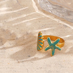 Золотой 304 из нержавеющей манжеты кольца стальные эмалированные, морская звезда и ракушка, золотые, 15 мм, внутренний диаметр: 18 мм