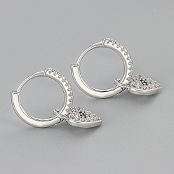 Clear Brass Micro Pave Cubic Zirconia Hoop Dangle Earrings, Heart, Platinum, Clear, 20.34x7.95mm