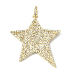Настоящее золото 18K Латунные микропаве прозрачные подвески с фианитом, звезды прелести, долговечный, стойки покрытие, без свинца и без кадмия, реальный 18 k позолоченный, 40x36x2.5 мм, отверстие : 5x3 мм