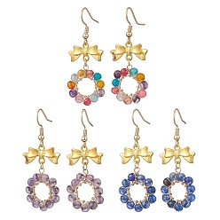 (52) Непрозрачная лаванда 3 серьги-подвески из натурального агата, окрашенного и подвергнутого нагреванию, с бантом и кольцом, С 304 результатами из нержавеющей стали, золотые, разноцветные, 48x20 мм