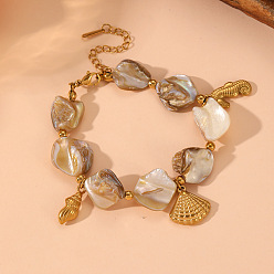 Золотой Браслеты с подвесками из нержавеющей стали в форме морского конька, раковины и рыбы, Браслеты из натуральных ракушек и бусин для женщин, золотые, 304 дюйм (6-1/4 см)