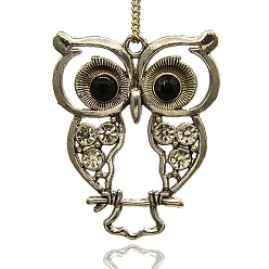 Cristal  Pendentifs grands d'hibou antique en alliage d'argent avec strass , cristal, 55x45x3mm, Trou: 3.5mm