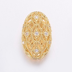 Real 18K Gold Plated Brass Micro Pave Cubic Zirconia Beads, Long-Lasting Plated, Hollow Oval, Clear, Real 18K Gold Plated, 19x11.5x7mm, Hole: 1mm