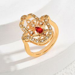 Красный Кольца для женщин с микропаве из латуни и кубическими цирконами, хамса рука, золотые, красные, 21x19 мм, размер США 6 (16.5 мм)