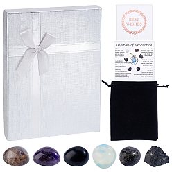 Pierre Mélangete Décorations ovales en pierres précieuses naturelles et synthétiques, étiquettes-cadeaux en papier, Carte d'instructions de protection des cristaux en papier, boîtes à bijoux collier en carton, bourses en velours, 21~33x20~26x16~22mm, environ3~6 pcs / 100 g