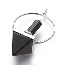 (946F)Морозный цвет внутри  Жонкиль / Непрозрачная зеленая подкладка Натуральный черный агат большие кулоны, с латунной фурнитурой платинового цвета, окрашенные, пирамида, 62~63x41x2 мм, отверстие : 5 мм