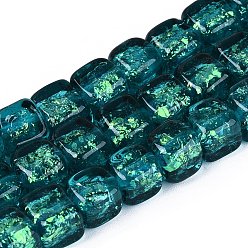 чирок Ручной стеклянные фольга бисер пряди, кубические, зелено-синие, 6~7x6~7x6~7 мм, отверстие : 0.9~1.4 мм, около 50 шт / нитка, 12.80~13.19 дюйм (32.5~33.5 см)