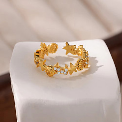 Shell Shape Манжеты из латуни с микро паве кубический цирконий для женщин, темы морских животных, золотые, формы раковины, внутренний диаметр: 17 мм