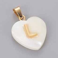 Letter L Shell Anhänger, mit 304 Edelstahl Zubehör, Herz mit Brief, golden, letter.l, 23.5x20x7 mm, Bohrung: 3.5x7 mm