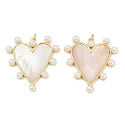 Пресноводная Раковина Подвески из натуральной пресноводной ракушки в латуни, подвеска в виде сердца с жемчужинами из АБС-пластика, реальный 18 k позолоченный, без кадмия и без свинца, прочное покрытие, стойки покрытие, 35x32.5x5 мм, отверстие : 3.5 мм