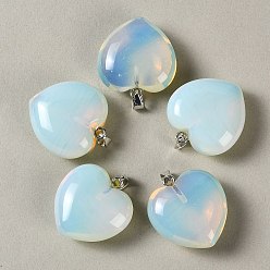 Opalite Opalite Pendants, Heart Charms, with 304 Stainless Steel Snap on Bails, Stainless Steel Color, 32~33x30x14~15mm, Hole: 7.5x4mm
