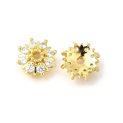 Настоящее золото 18K Колпачки для бусин из прозрачного кубического циркония в форме цветка из латуни, долговечный, без кадмия и без свинца, стойки покрытие, реальный 18 k позолоченный, 13.5x4 мм, отверстие : 2 мм