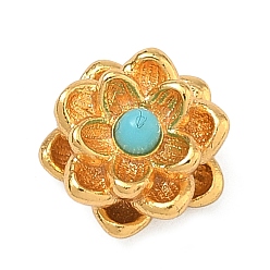 Цветок Латунные бусины, С бисером бирюзы смолы, реальный 24 k позолоченный, цветок, 8.5x5 мм, отверстие : 1.4 мм