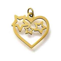 Настоящее золото 18K 304 прелести нержавеющей стали, с целью перехода в кольце, сердце со звездным шармом, лазерная резка, ионное покрытие (ip), реальный 18 k позолоченный, 14.5x15x1 мм, отверстие : 3 мм