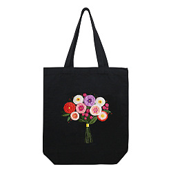 Разноцветный Diy цветочный узор черная холщовая большая сумка набор для вышивки, включая иглы для вышивания и нитки, хлопковая фабрика, пластиковые пяльцы для вышивания, красочный, 390x340x100 мм