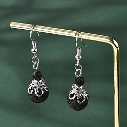 Лавовый камень Серьги с подвесками из бусин из натуральной лавы, с  латунными крючками для серег, сплавочная и железная фурнитура, платина, 42 мм