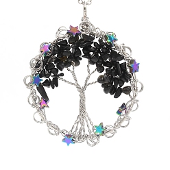 Обсидиан Природные обсидиана большие кулоны, Медная проволока платинового тона, обернутая подвесками «Жизнь дерева», 65x55 мм