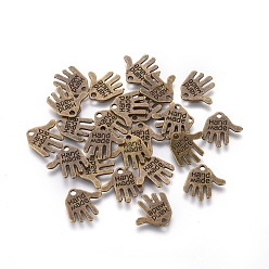 Antique Bronze Tibetan Style Alloy Charms, Cadmium Free & Lead Free, Hand Palm with Word Hand Made, Antique Bronze, 12.5x13x1mm, Hole: 1mm