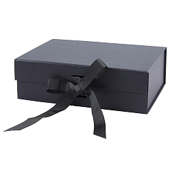Black Paper Fold Boxes, Gift Wrapping Boxes, with Polyester Ribbon, for Jewelry Candy Wedding Party Favors, Rectangle, Black, 17.6x24.3x7.9cm